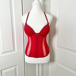 La Senza Red Push-Up Rhinestone Bra & Mesh Bustier Corset – Small